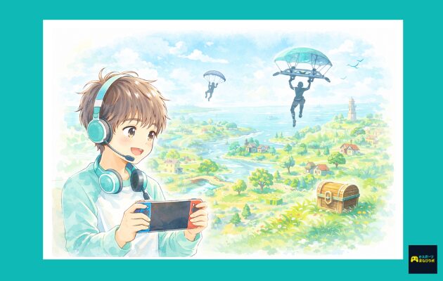 フォートナイトのようなバトルロイヤルゲームの島をイメージしたイラスト。グライダーで降下するプレイヤーと宝箱が描かれている。