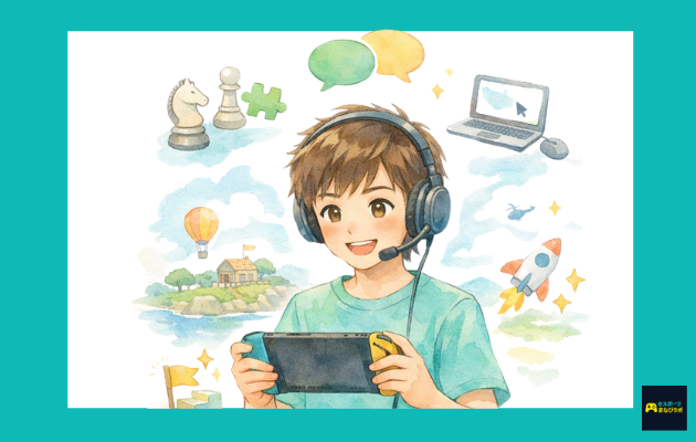 ヘッドセットをつけた男の子がNintendo Switchで楽しそうに遊び、周囲に思考力・コミュニケーション力・ITリテラシー・挑戦心を表すアイコンが浮かぶ水彩風イラスト。