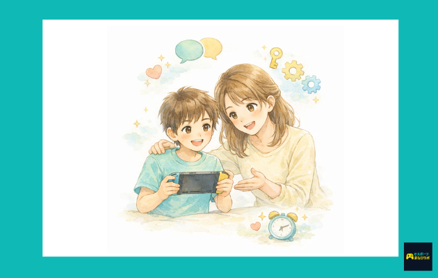 ママと男の子がNintendo Switchを見ながら笑顔で話し合い、設定やルールをイメージしたアイコンが浮かぶ、やさしい水彩風イラスト。