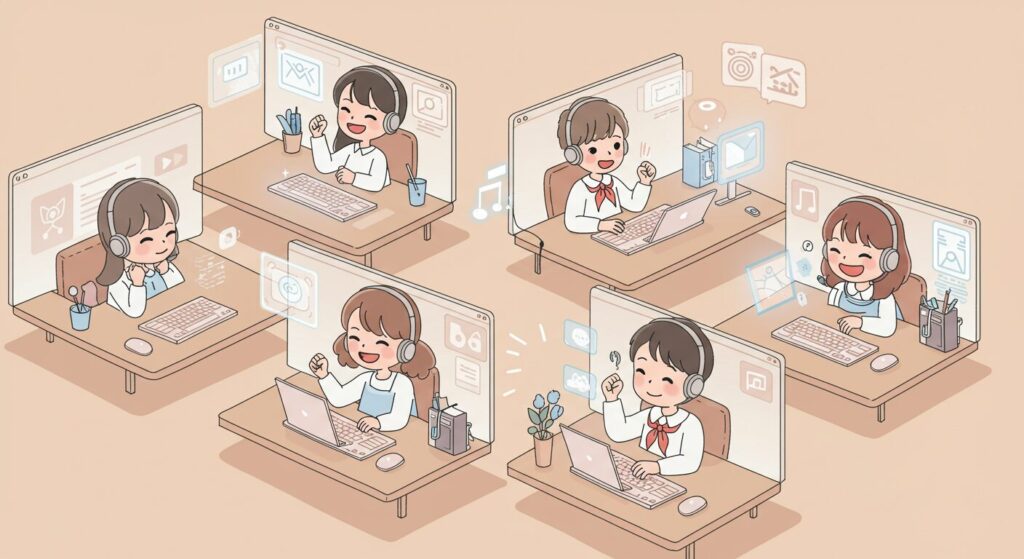 パソコン前に楽しそうな未来の子どもたち