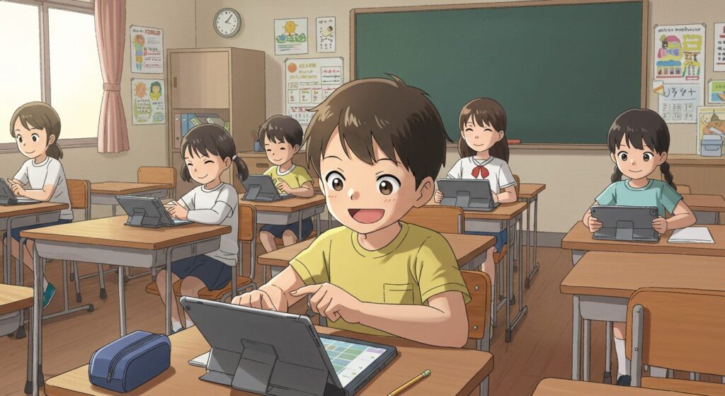 学校でタブレット学習をしている小学生