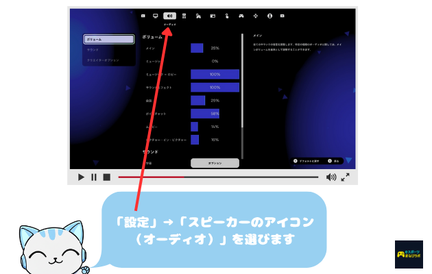 「設定」→「スピーカーのアイコン(オーディオ)」を選ぶ