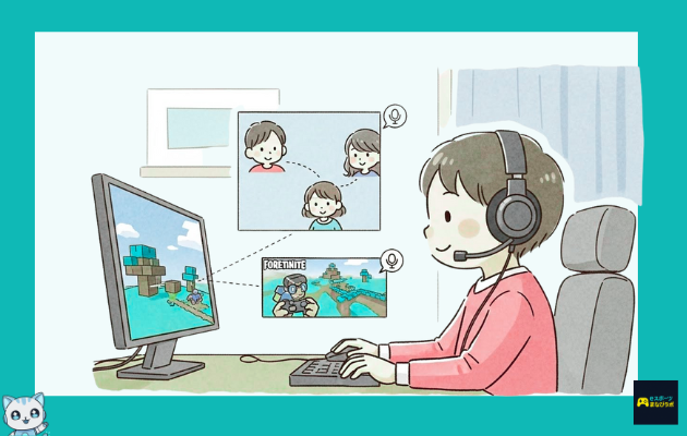 ヘッドセットをつけた小中学生の子どもが、マイクラやフォートナイト風のゲームで海外の仲間と英会話を楽しんでいるイラスト
