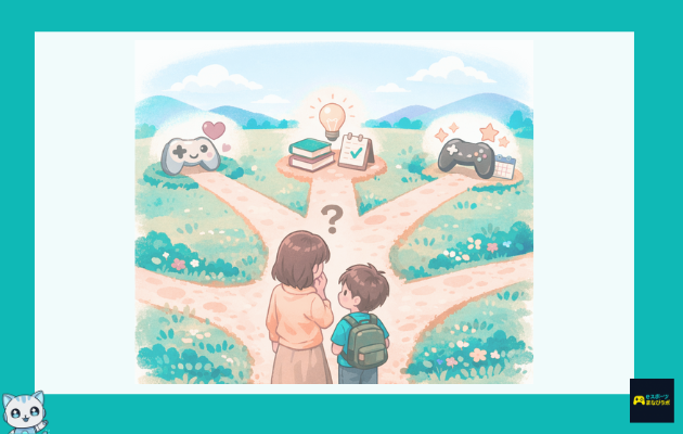 英語学習に正解はなく、子どもに合う道を選ぶことを表現した親子のイラスト