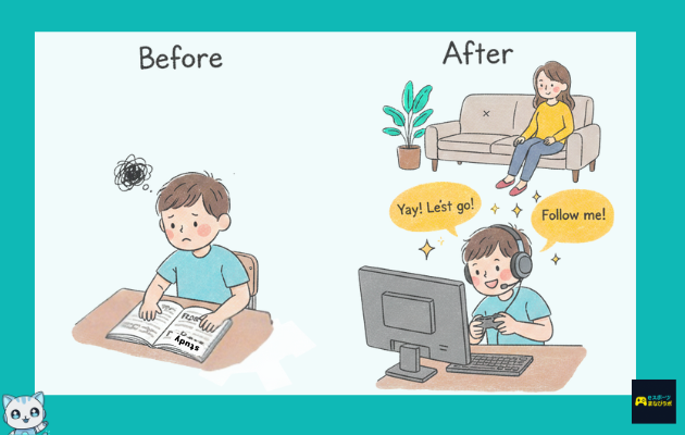 Rox3Gaming（アソビで英会話）の口コミ・評判を解説するブログのサムネイル。パソコンでゲームを楽しむ女性と、2026年1月14日の日付、会話のアイコンが描かれた手書き風イラスト。