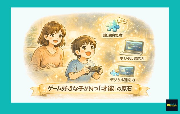 ゲームに集中する子どもの姿と、集中力や考える力などの才能がイメージできるやさしいイラスト