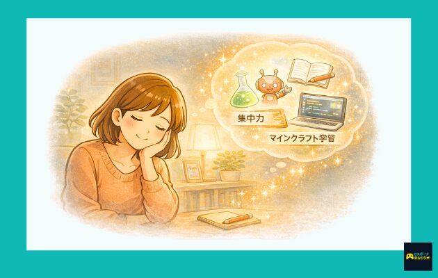 子どもの未来に希望を感じながら、少し安心した表情で考え事をするママのイラスト