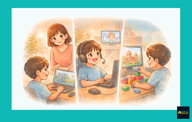 ゲームを通して学びにつながる複数の選択肢があることを示した、前向きな雰囲気のイラスト