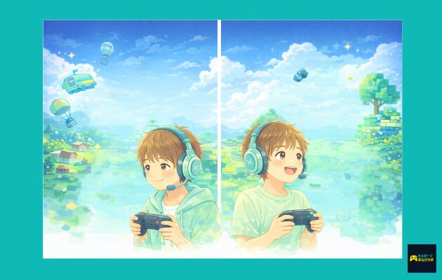 好きなゲームをきっかけに、英語が苦手でも前向きに始められそうな子どもを描いたイラスト。