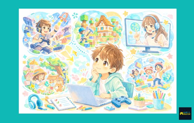 子どもに合うゲームを選ぶことで続けやすくなるイメージを表したイラスト。ノートパソコンの前の子どものまわりに、さまざまなゲームやバーチャルコーチ風のモチーフが描かれている。