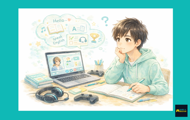 高校生くらいの男の子が机に向かい、パソコンの学習画面を見ながら、英語ノートや参考書、ヘッドセット、ゲームコントローラーを前に、自分に合う英語の学び方を落ち着いて考えている様子を描いた、やさしい水彩タッチのイラスト。