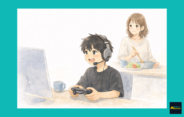 ゲームのコントローラーを持ってオンライン受講する男の子を、料理をしながらママが見守っている水彩風イラスト