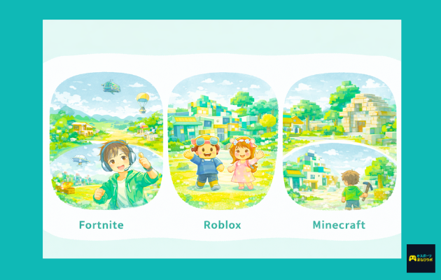 eスポーツ英会話で学べる3つのゲームを比較したイラスト。フォートナイト風、Roblox風、マインクラフト風の世界観が1枚で描かれている。