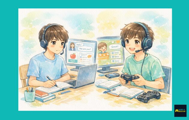 一般的なオンライン英会話とゲーム英会話を比較した教育イラスト。左は教材とノートでまじめに学ぶ男の子、右はヘッドセットをつけて楽しそうにゲーム英会話に取り組む男の子。