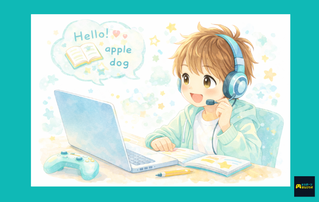 ヘッドセットをつけた男の子がパソコンでオンライン英会話に参加し、英語の吹き出しやノートを見ながら楽しく学んでいる様子を描いた、やさしい水彩タッチの教育系イラスト。