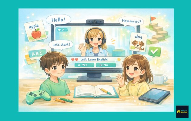 やさしい水彩タッチの教育系イラスト。机に向かう男の子と女の子が、モニター越しのオンライン英会話に参加している。画面にはヘッドセットをつけた講師が映り、「Hello!」「How are you?」などの吹き出しや、単語カード、チェックマーク、ステップアップを連想させるモチーフがやわらかく配置されている。机の上にはノート、筆記用具、ゲームコントローラー、タブレットが整然と置かれ、ゲームを入口に英語へ親しんでいく前向きな雰囲気が表現されている。全体はミントターコイズ、水色、淡いレモンイエローを基調にした、明るく清潔感のあるデザイン。