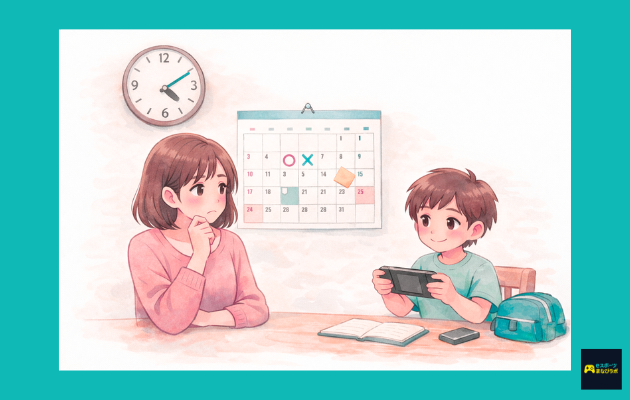 カレンダーと時計を見ながら予定を考える母親と、ゲーム機を持つ子どものイラスト