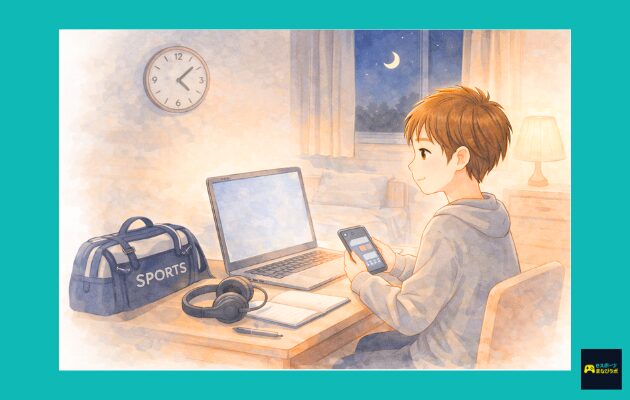 夜の部屋で、部活バッグを置いてパソコンの前で受講準備をする子どものイラスト