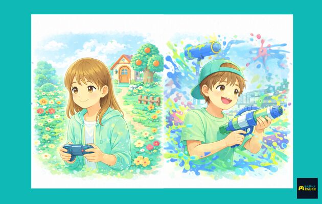 スプラトゥーン風の元気な世界と、あつ森風のやさしい世界を比較しながら、初心者でも入りやすい雰囲気を表したイラスト。