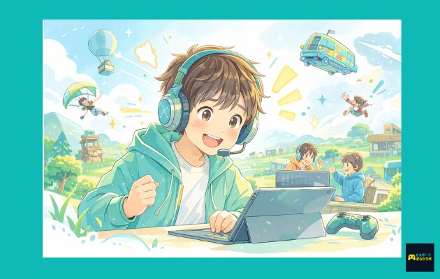 ヘッドセット姿の男の子が、フォートナイト風の明るい世界で楽しそうに遊んでいるイラスト