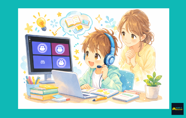 ヘッドセットをつけた子どもがDiscord風の通話画面を見ながら学習し、母親が後ろで見守るイラスト