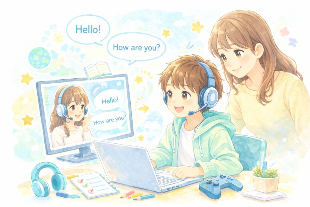 ゲーム好きな小学生がオンライン英会話を楽しむ様子を、母親の見守りとともに描いた、やさしく清潔感のある水彩タッチの教育イラスト。