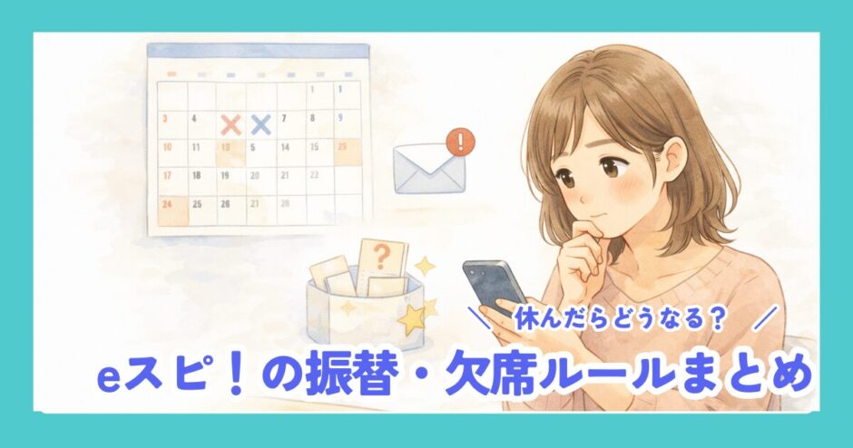 スマホを見ながら振替ルールを確認する母親と、カレンダー・メール通知・抽選ボックスを描いたイラスト