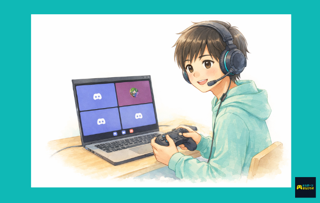 中学生くらいの男の子が長袖パーカー姿でゲーミングヘッドセットをつけ、ディスコード風の通話画面を見ながらゲームをしつつ会話している様子を描いた、やさしい水彩タッチの教育系イラスト。