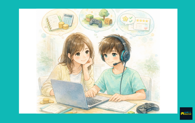 母親と男の子がパソコン画面を見ながら、料金・ゲーム内容・口コミを比較してオンライン英会話を検討している水彩風イラスト。