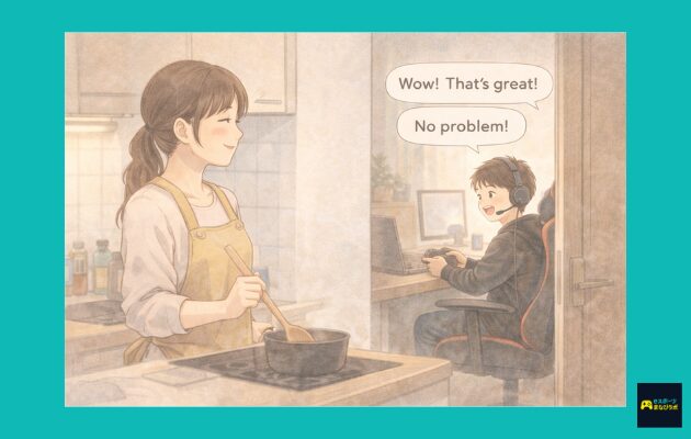 自宅でオンライン英会話をする子どもと料理をする母親の温かい家庭のイラスト