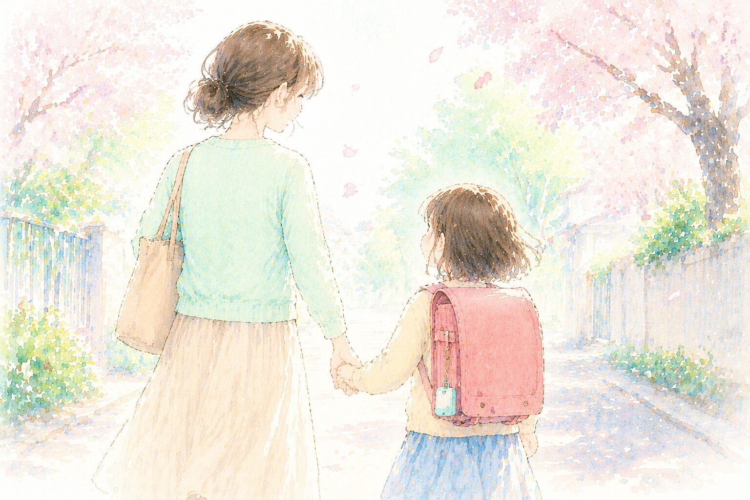 親子が笑顔で手をつないでいるイメージ