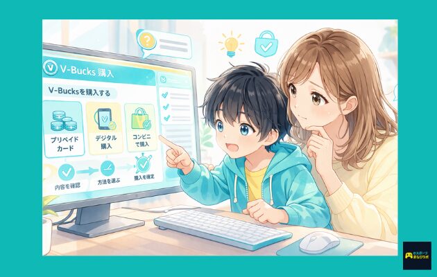 パソコンまたはゲーム画面の前で、保護者が子どもと一緒に購入画面を確認している様子。