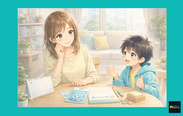 食卓で母親と小学生の子どもが、ゲーム用カードやおこづかい帳、カレンダーを見ながら、家庭のルールについて穏やかに話し合っているイラスト。