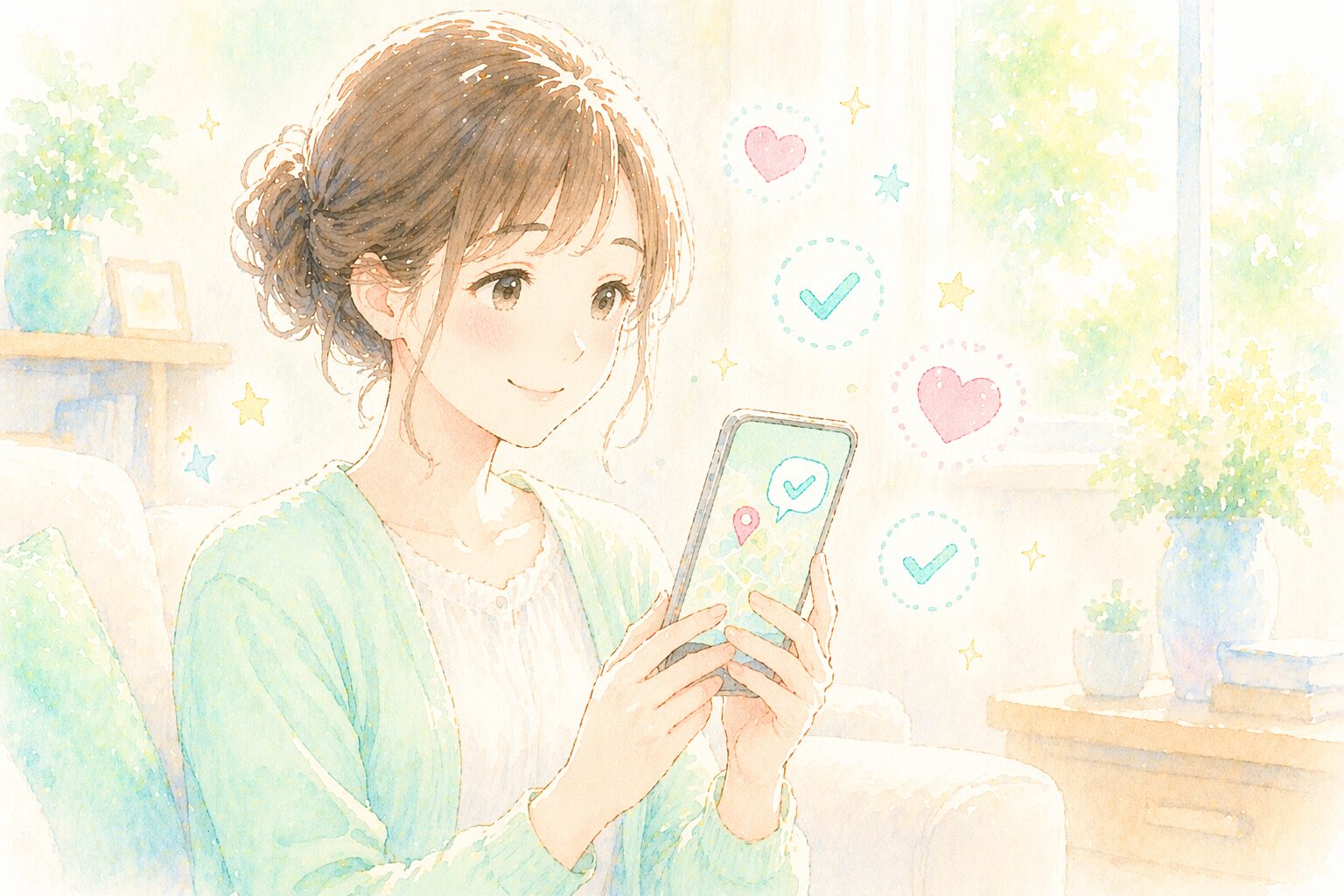 親がスマホでGPSを見て安心しているイメージ