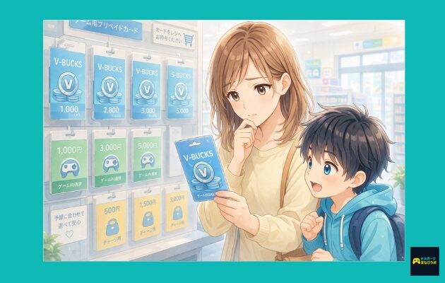 明るく清潔感のある店内で、母親と小学生くらいの男の子がゲーム用プリペイドカード売り場を見ているイラスト。母親はカードを手に少し悩みながら選び、子どもはわくわくした表情で見上げている。