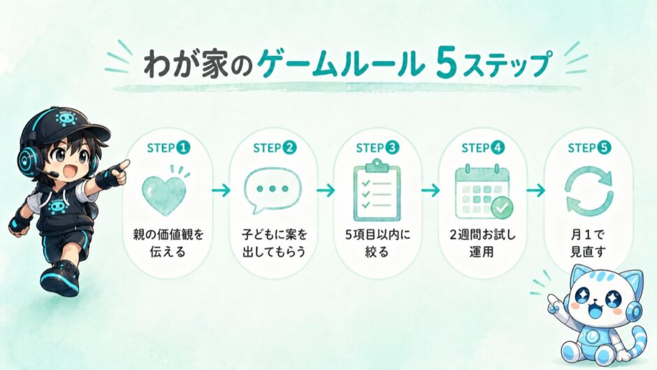 わが家のゲームルール5ステップフロー図