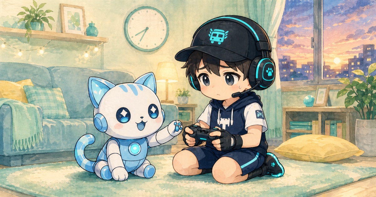 夕方リビングで困った表情のネオくんとラミィ