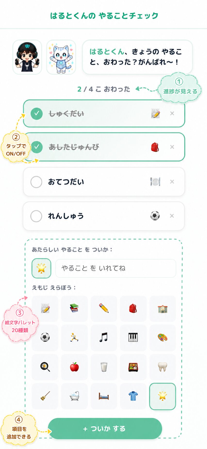 やることチェック画面：4項目とカスタマイズ