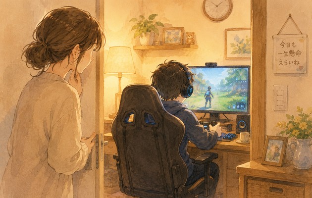 ゲームをする子どもを見守るママ