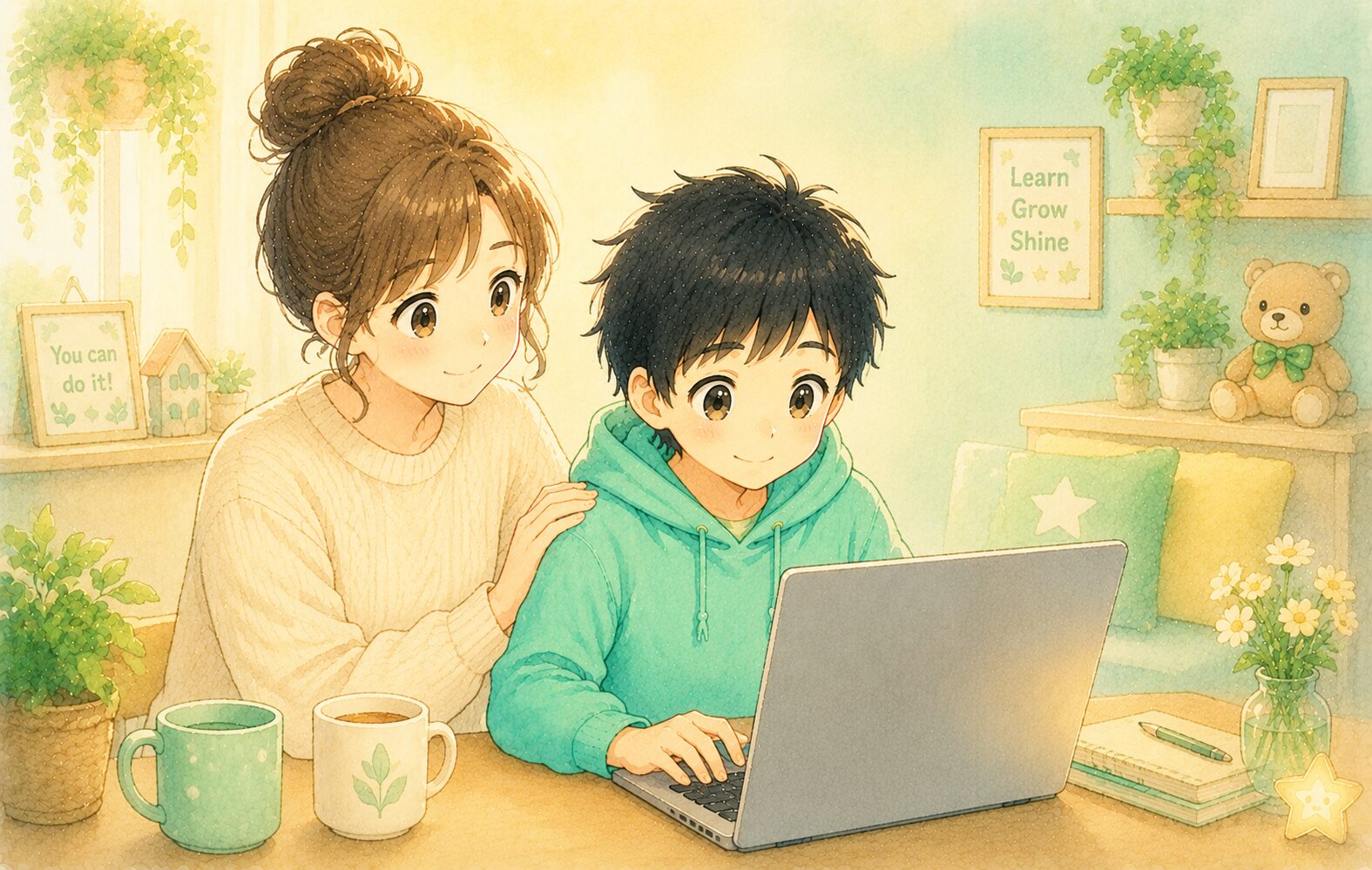 オンライン学習を見守る親子のイメージ