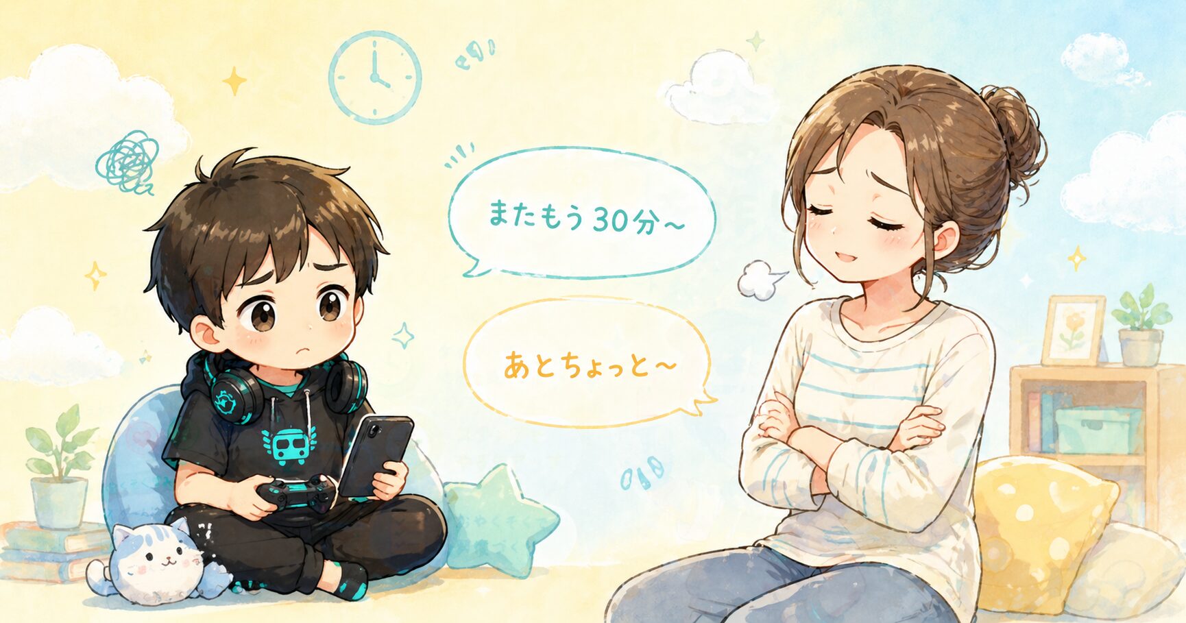 ゲーム時間で親子がぶつかるイメージ