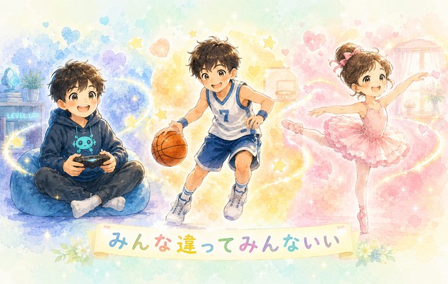 3兄妹がそれぞれの好きに夢中になっているイラスト