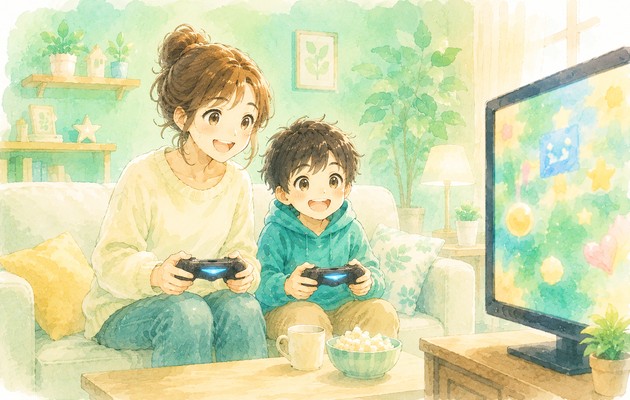 親子で一緒にゲームを楽しむ笑顔のイラスト