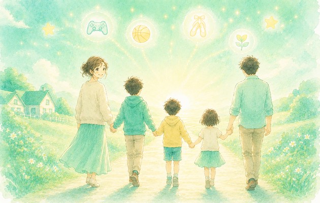 家族5人が手をつないで歩く後ろ姿のイラスト