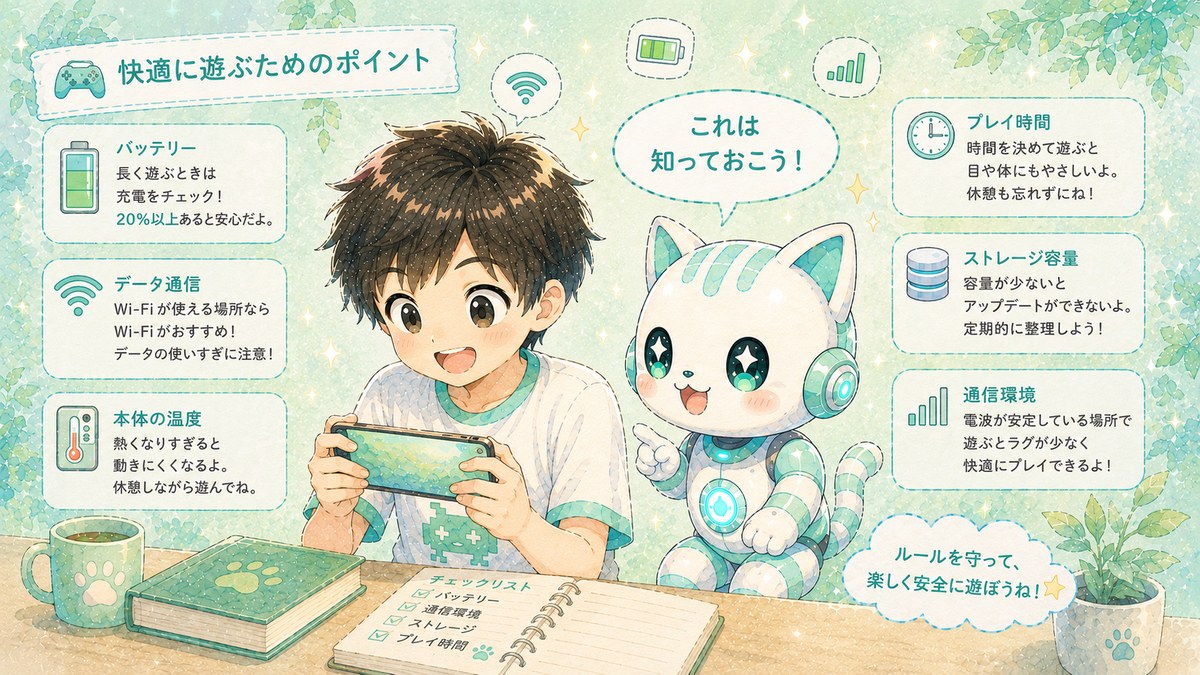 スマホ版フォートナイトで注意したいポイントを紹介するイラスト
