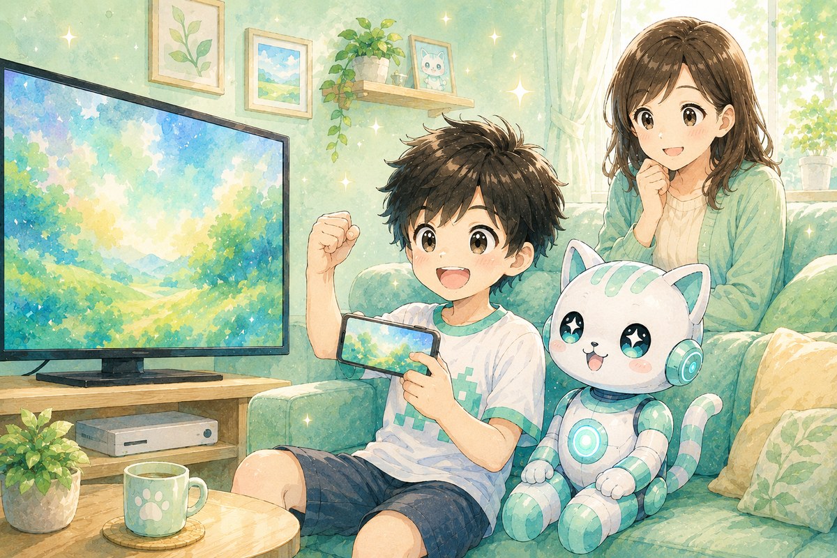ソファでPS5のフォートナイトを楽しむ親子のイラスト