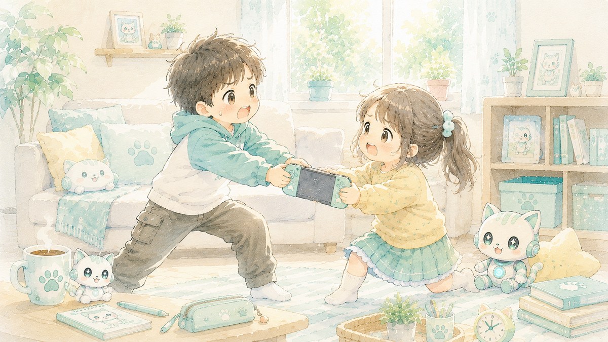 兄妹で1台のSwitchを取り合うイラスト