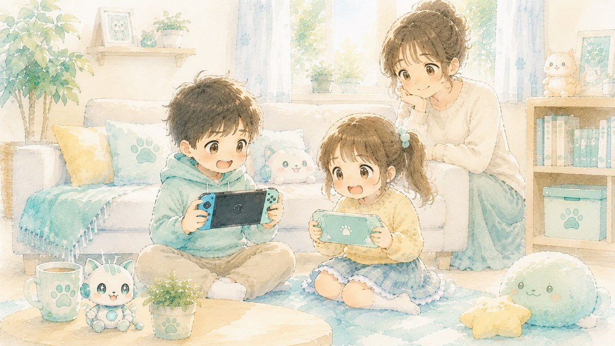 兄妹がそれぞれのSwitchで遊びママが見守るイラスト