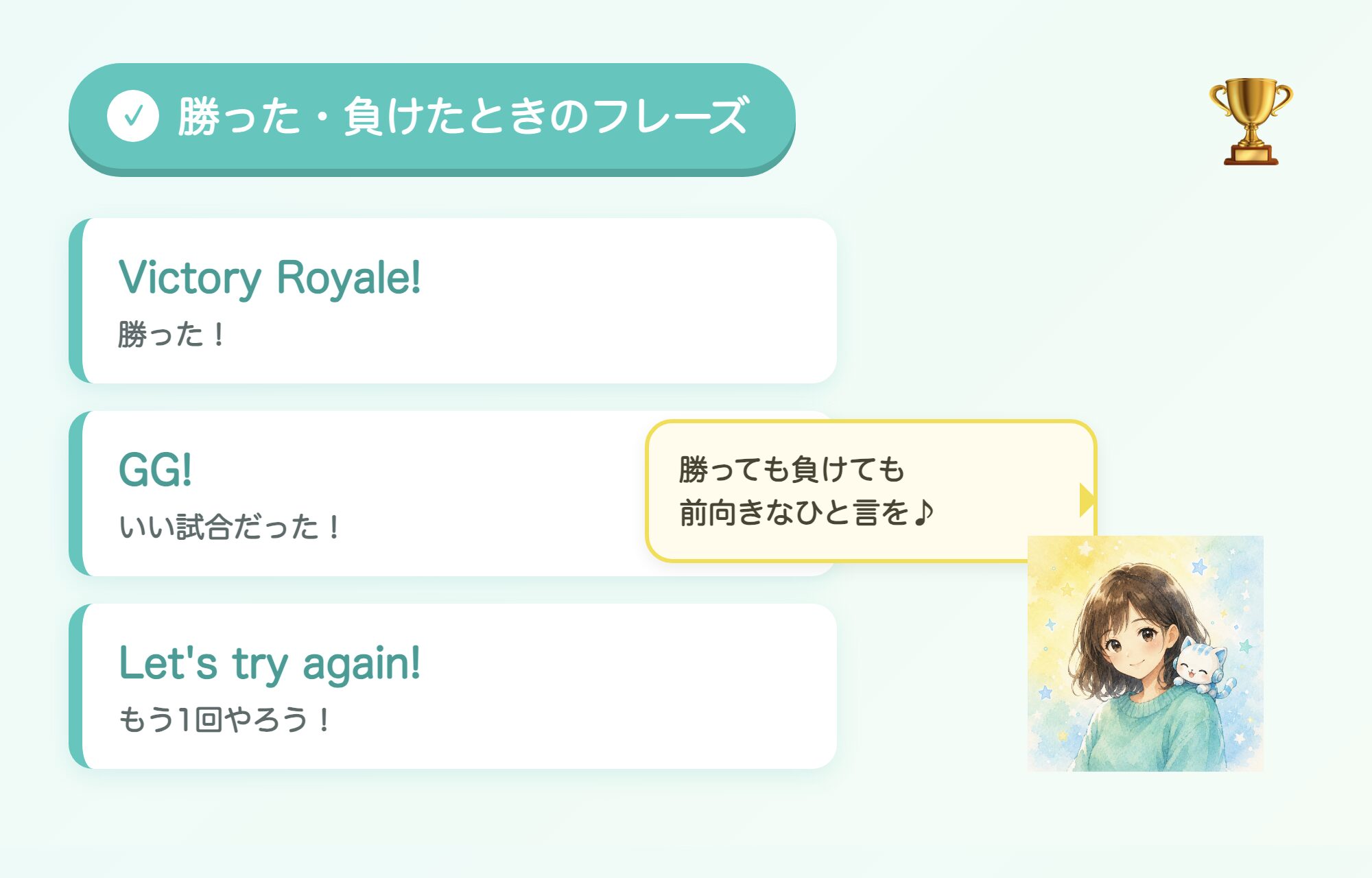 フォートナイト 勝った・負けたときの英語フレーズの図解