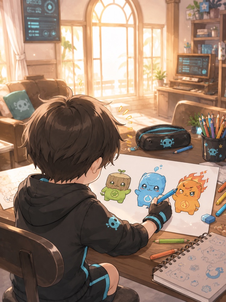 自分で考えた精霊を描く子ども